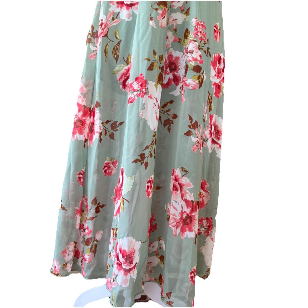 Dream of Me Flowy Romantic Maxi Dress Women's M Cottage Green with Pink Roses - Picture 3 of 8